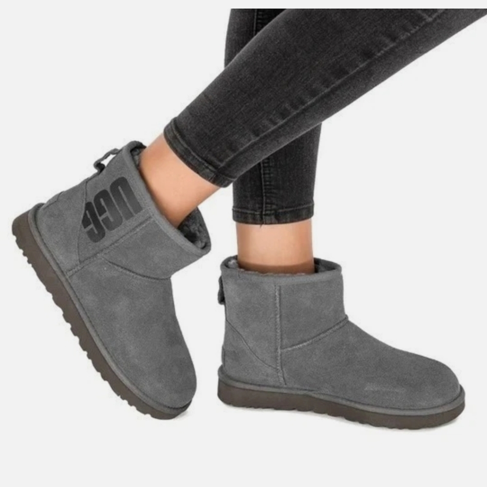 NEW!UGG 1108231 Classic Mini UGG Rubber Logo Grey Boot Suede Sheepskin  Y2K Retr